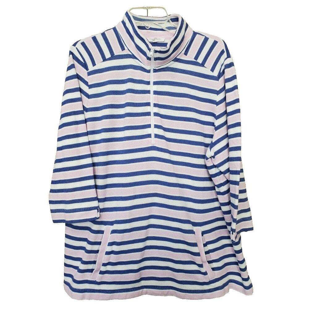 T by Talbots Striped Pique Knit Half-Zip Mock Neck 3/4 Sleeve Pullover Size 2X